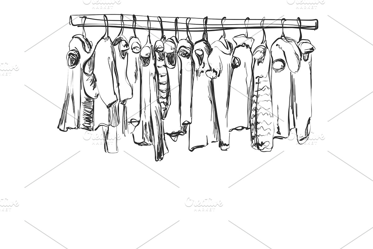 Hand drawn wardrobe sketch. Baby clothes on the hanger. in Illustrations - product preview 8