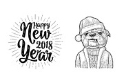 Dog Santa claus in hat, coat. Happy New Year lettering