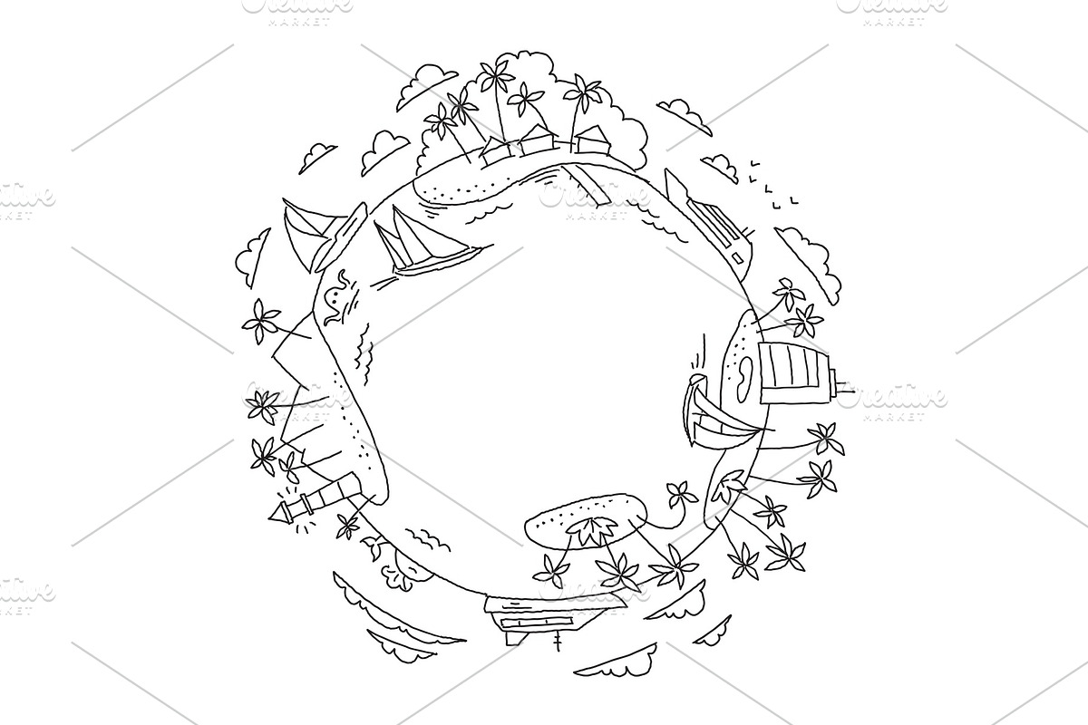 Round illustration sea tourism holidays world planet Earth. Yacht and palm islands. Hand drawn vector stock outline illustration. in Illustrations - product preview 8
