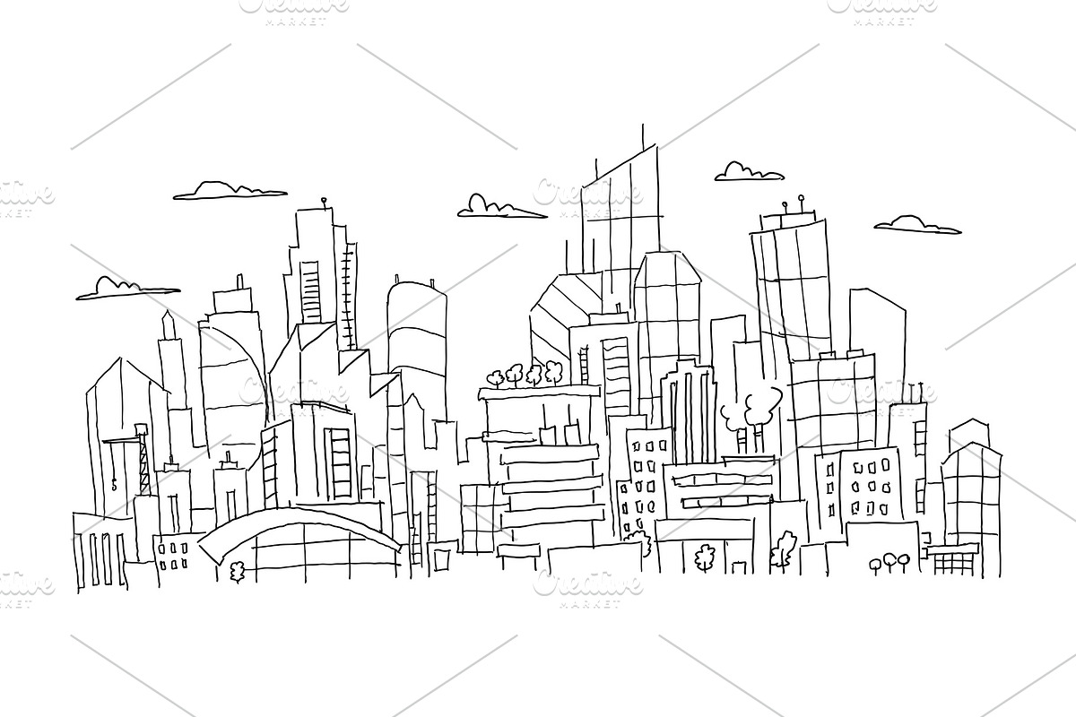 Big city panorama future sketch. Hand drawn vector stock line illustration. Building architecture landscape. in Illustrations - product preview 8