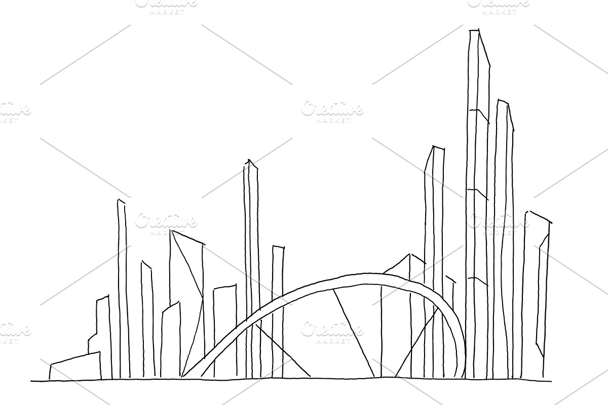 Big bridge city skyscraper sketch. Hand drawn vector stock line illustration. Building future architecture landscape. Business center. in Illustrations - product preview 8
