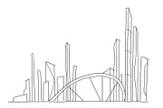 Big bridge city skyscraper sketch. Hand drawn vector stock line illustration. Building future architecture landscape. Business center.