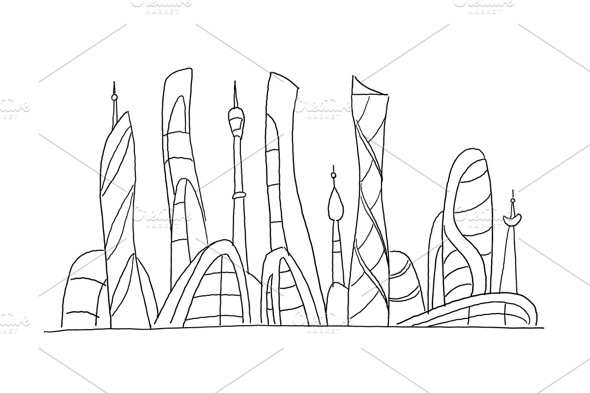 Invented city fantastic incredible and utopian skyscraper sketch high-rise buildings. Hand drawn vector stock illustration. Future architecture landscape. Extraterrestrial civilization in Illustrations - product preview 8