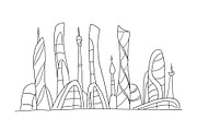 Invented city fantastic incredible and utopian skyscraper sketch high-rise buildings. Hand drawn vector stock illustration. Future architecture landscape. Extraterrestrial civilization