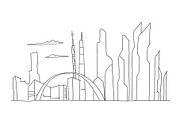 Big city skyscraper future sketch. Hand drawn vector stock line illustration. Building architecture landscape. Business center.