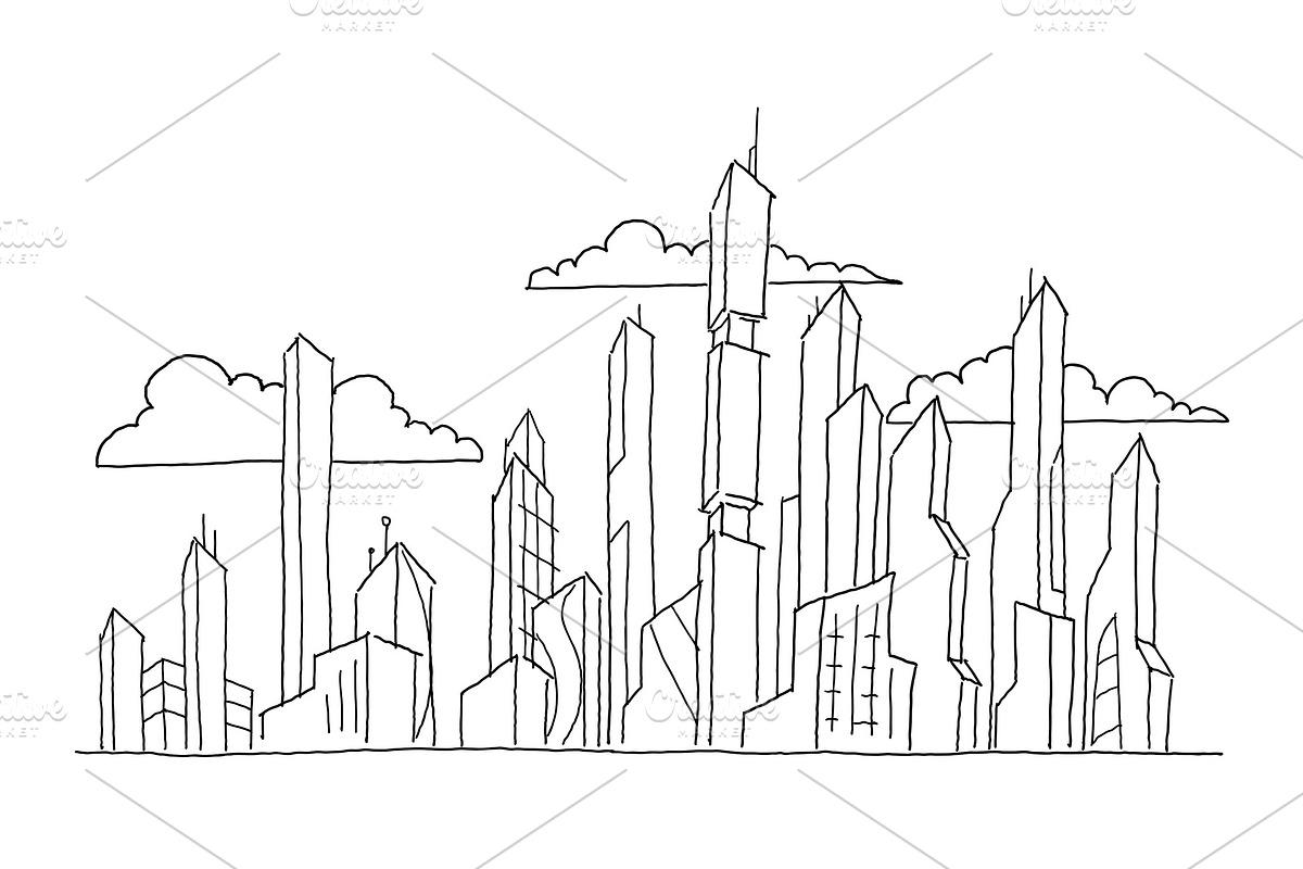Big future city skyscraper sketch high-rise buildings. Hand drawn vector stock line illustration. Modern architecture landscape. in Illustrations - product preview 8