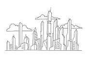 Big future city skyscraper sketch high-rise buildings. Hand drawn vector stock line illustration. Modern architecture landscape.