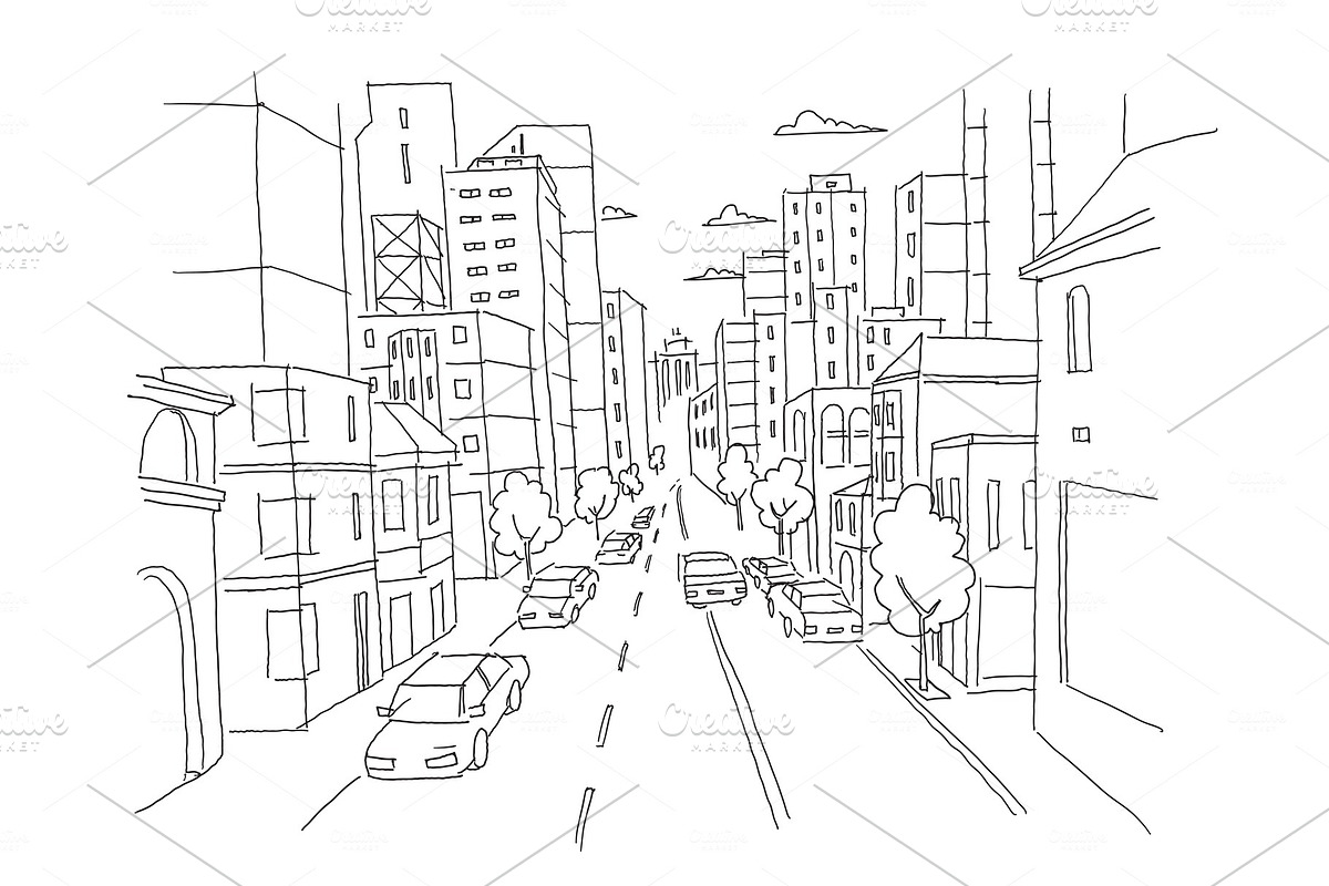 City street linear perspective sketch road view. Cars end buildings. Hand drawn vector stock line illustration. in Illustrations - product preview 8
