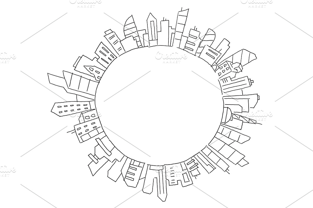 City panorama drawing in circle round. Place for text. Hand drawn sketch vector stock line illustration. Building architecture landscape. in Illustrations - product preview 8