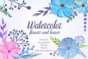 Set: Watercolor flowers and leaves