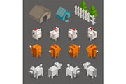 Fox chicken end dog character 3d Isometric set for arcade game. Farm, doghouse fence and tree low poly