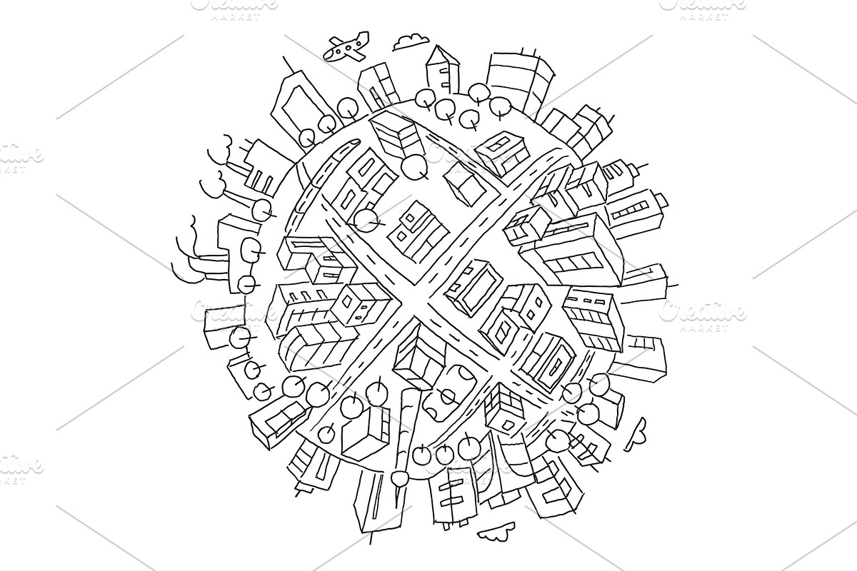 Round city buildings illustration world planet Earth. Hand drawn vector stock outline illustration. The city on the ball. Like a fisheye. in Illustrations - product preview 8