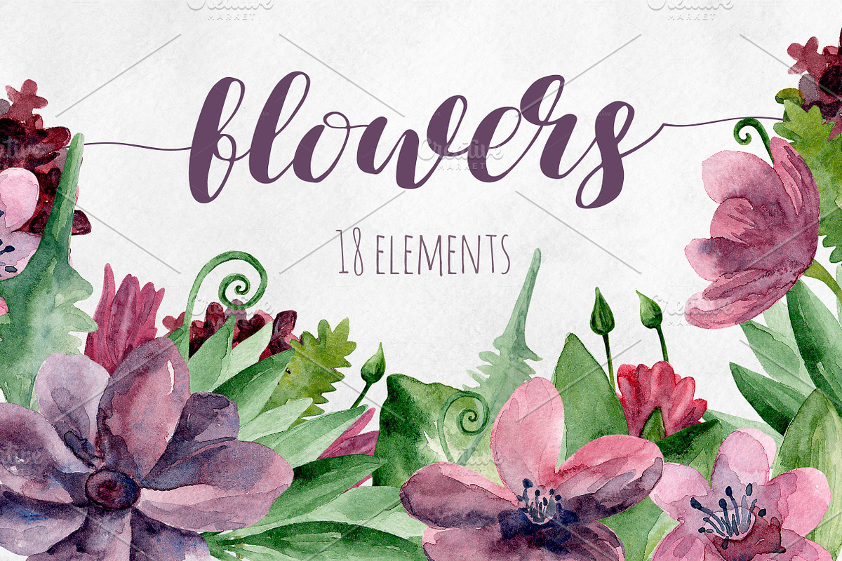 Watercolor purple flowers clip art in Illustrations - product preview 8