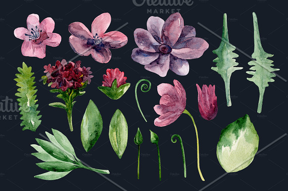 Watercolor purple flowers clip art in Illustrations - product preview 2
