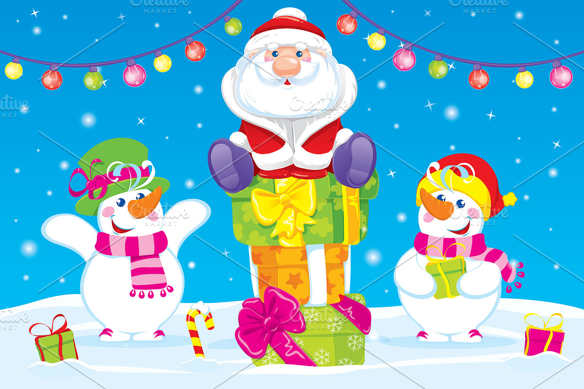 Santa and snowmen give gifts. Vector in Illustrations - product preview 8