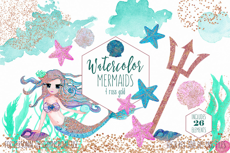 Cute Watercolor Mermaid Rose Gold in Illustrations - product preview 8