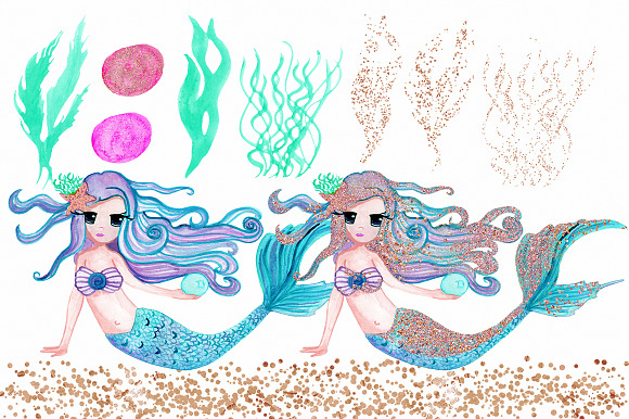 Cute Watercolor Mermaid Rose Gold in Illustrations - product preview 1