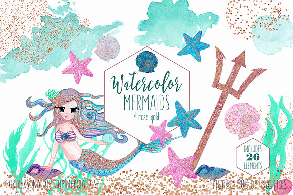 Cute Watercolor Mermaid Rose Gold in Illustrations - product preview 4