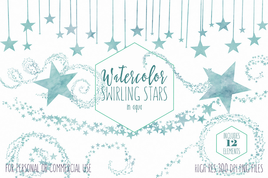 Aqua Watercolor Swirling Stars in Illustrations - product preview 8