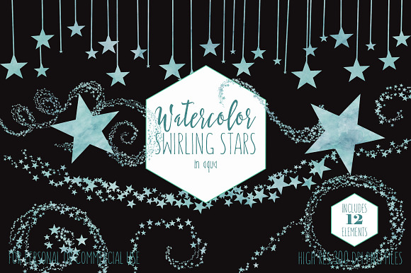 Aqua Watercolor Swirling Stars in Illustrations - product preview 1