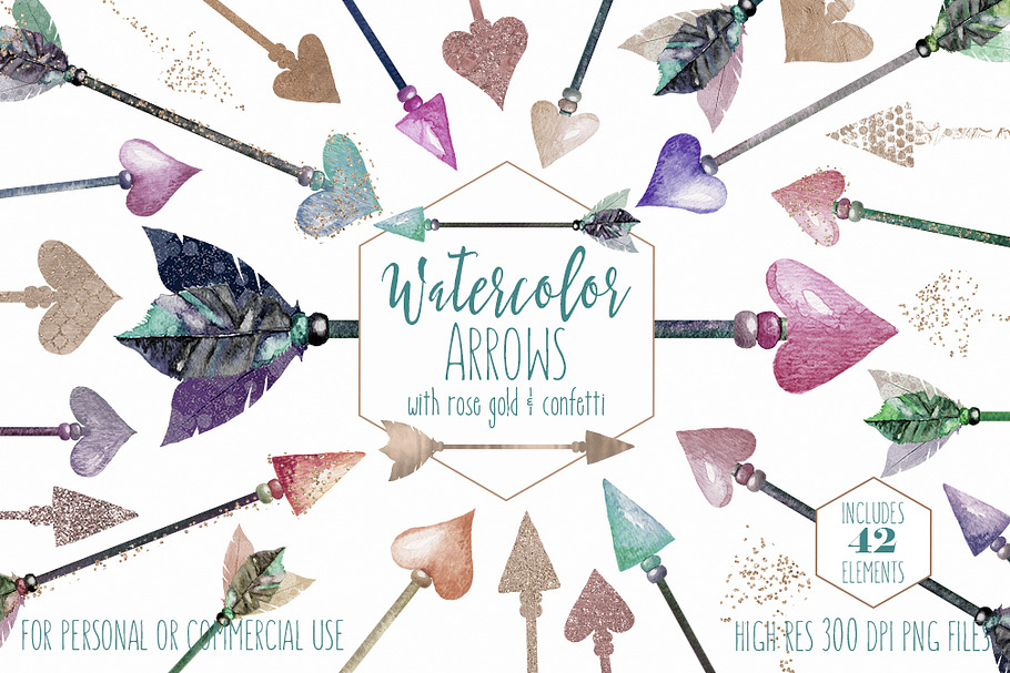 Watercolor Feather Arrows Rose Gold in Illustrations - product preview 8