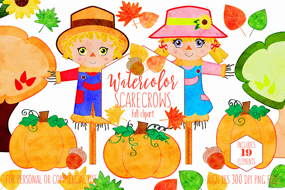 Autumn Watercolor Cute Scarecrows