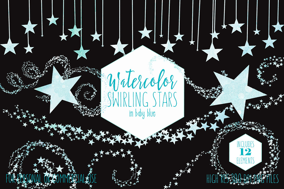 Watercolor Star Trails in Baby Blue in Illustrations - product preview 8