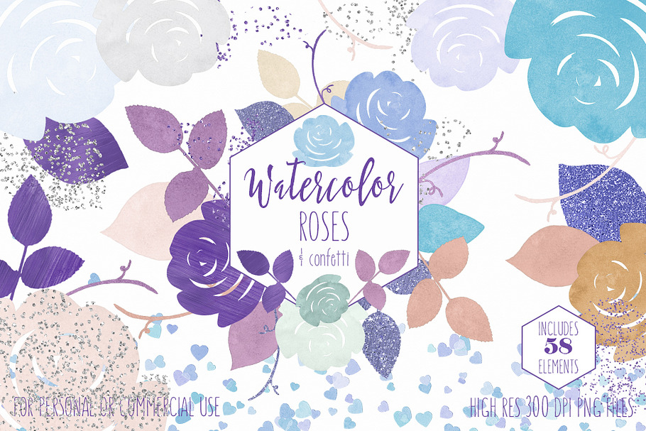 Purple & Mint Watercolor Rose Floral in Illustrations - product preview 8