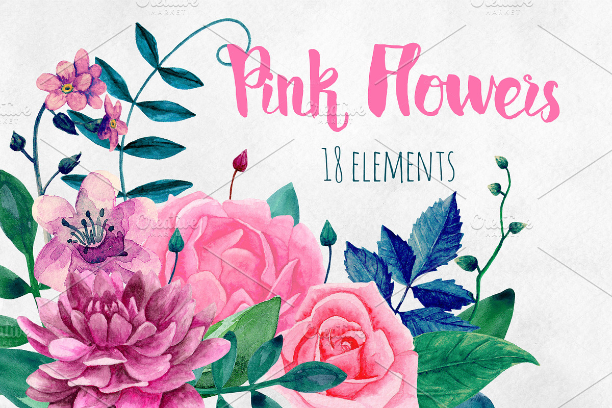 Watercolor pink flowers clip art in Illustrations - product preview 8