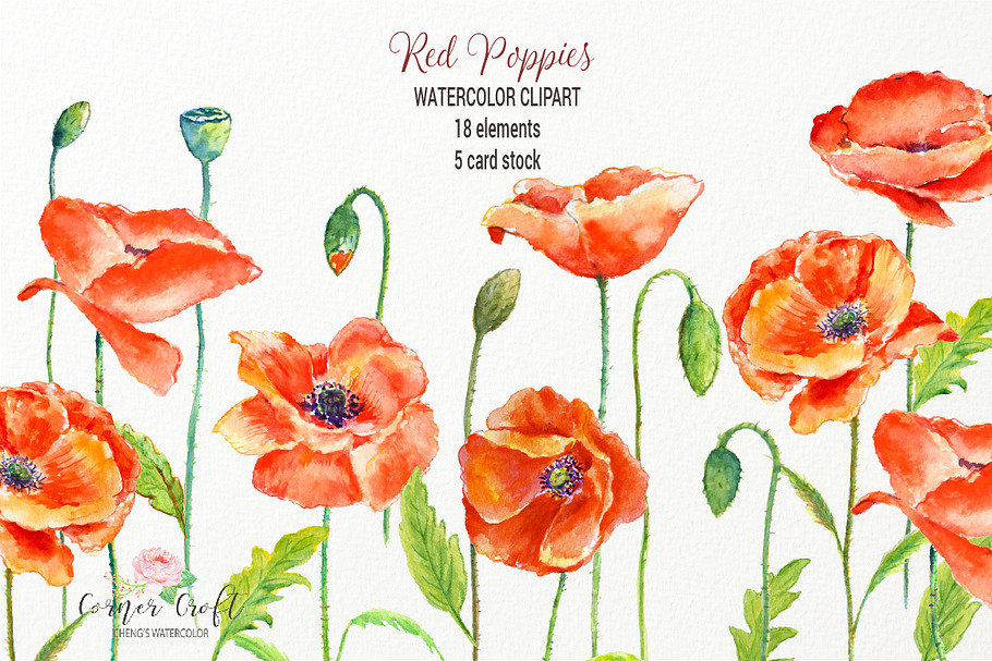 Watercolor Red Poppy Clip Art