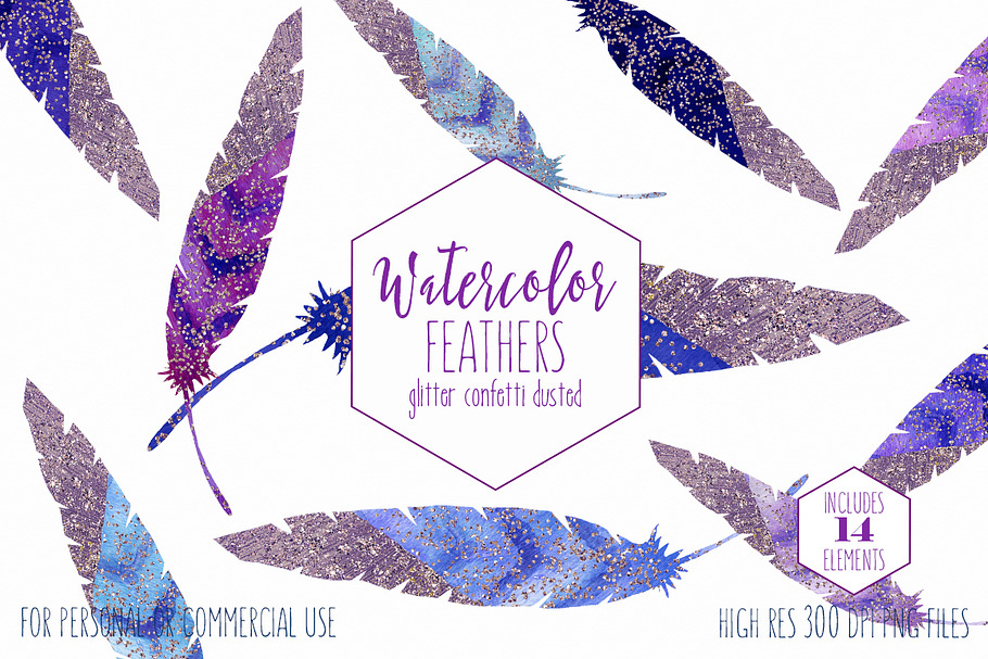 Watercolor Blue & Purple Feathers