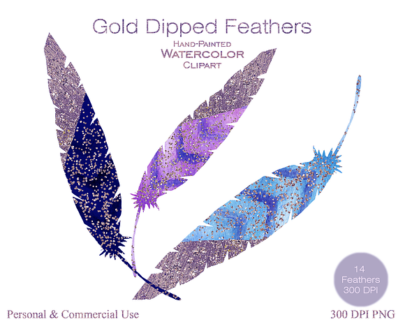 Watercolor Blue & Purple Feathers in Illustrations - product preview 1