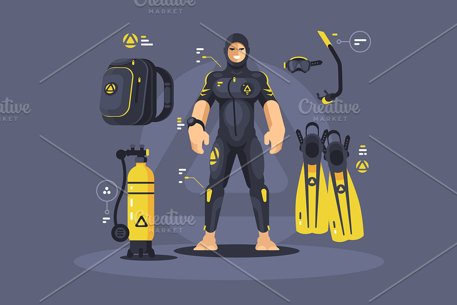 Diver in wetsuit and diving equipmen in Illustrations - product preview 8