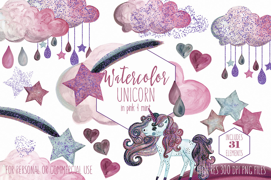 Pink & Mint Cute Watercolor Unicorn in Illustrations - product preview 8