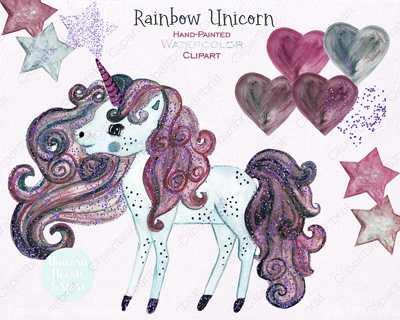 Pink & Mint Cute Watercolor Unicorn in Illustrations - product preview 1