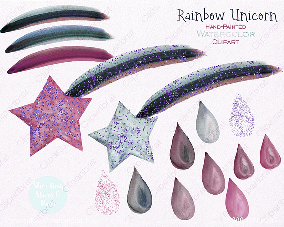 Pink & Mint Cute Watercolor Unicorn in Illustrations - product preview 2