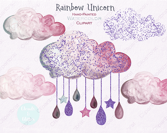 Pink & Mint Cute Watercolor Unicorn in Illustrations - product preview 3