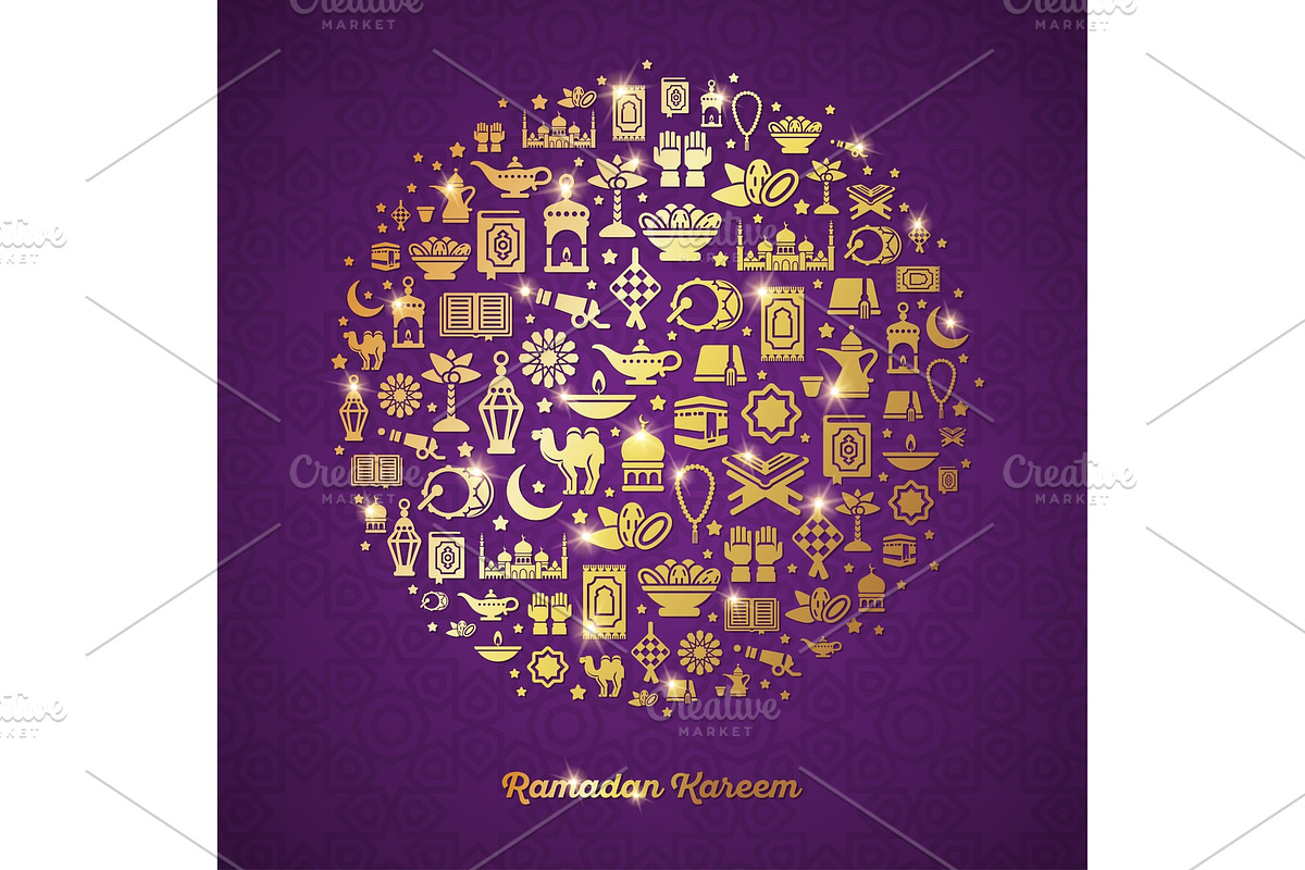 Ramadan Kareem concept with gold icons in circle in Illustrations - product preview 8