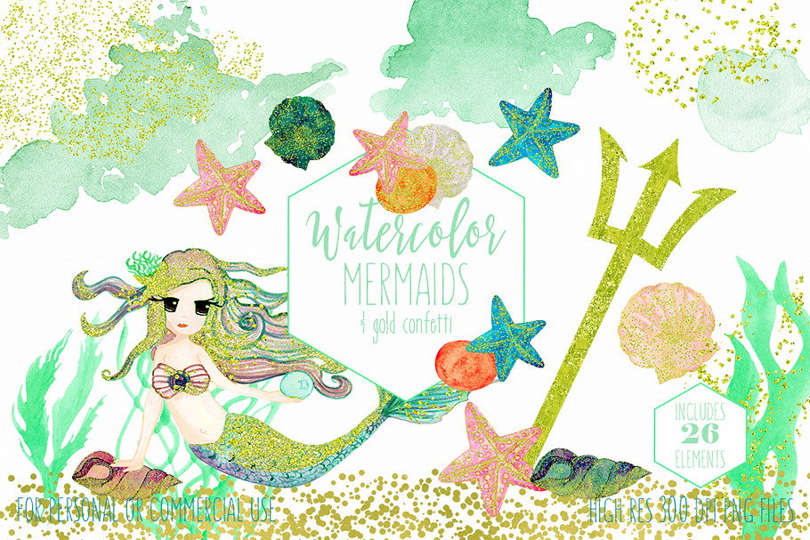 Mint Watercolor Mermaid Clipart in Illustrations - product preview 8