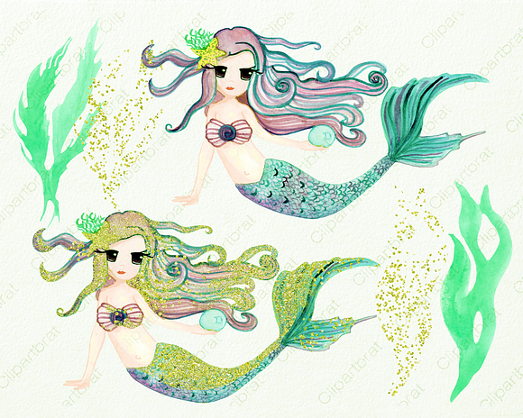 Mint Watercolor Mermaid Clipart in Illustrations - product preview 1