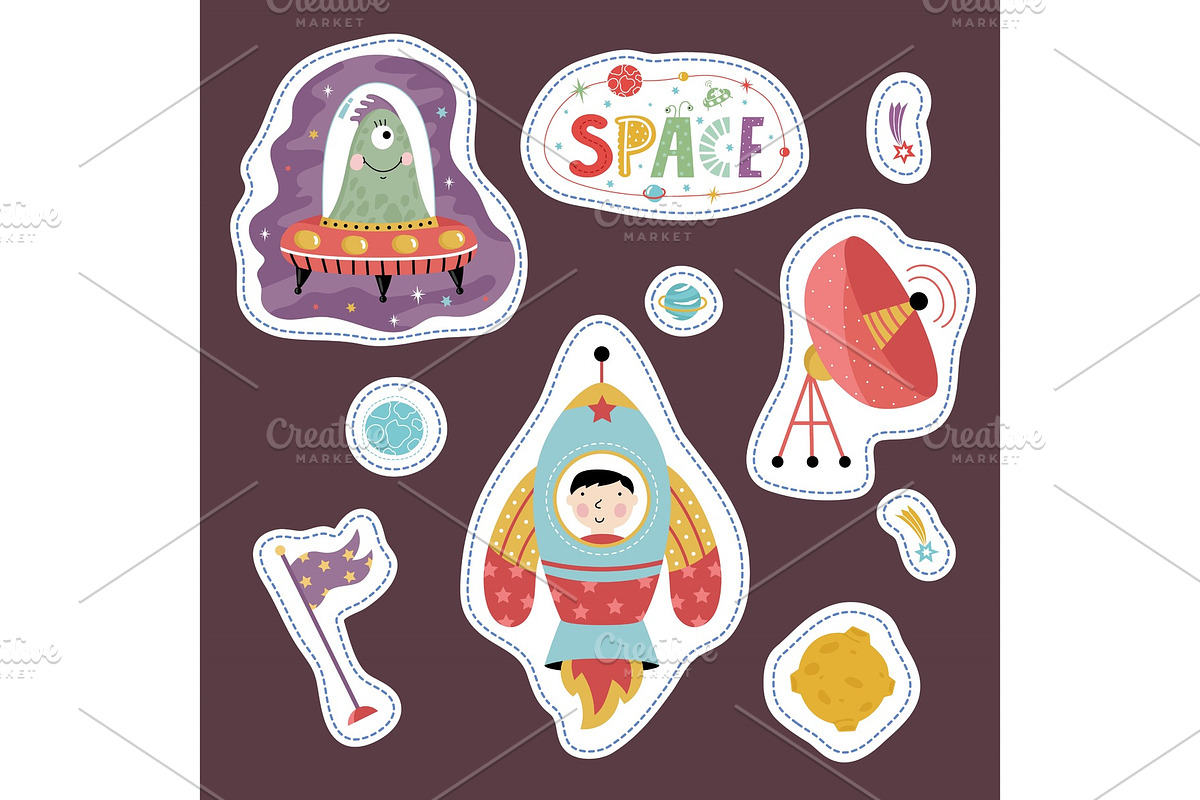 Stickers Collection with Space Cartoons in Illustrations - product preview 8