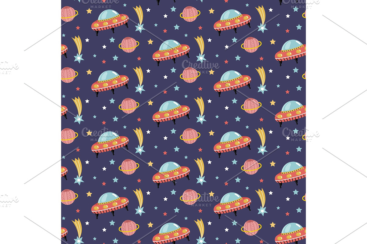 Alien Spaceship in Outer Space Seamless Pattern in Illustrations - product preview 8
