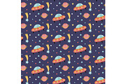 Alien Spaceship in Outer Space Seamless Pattern