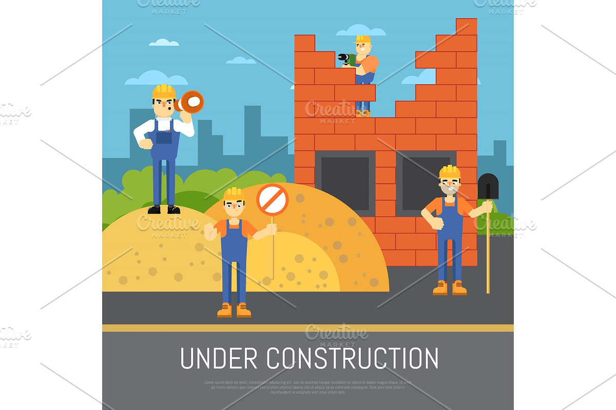 Under construction banner with workers in Illustrations - product preview 8