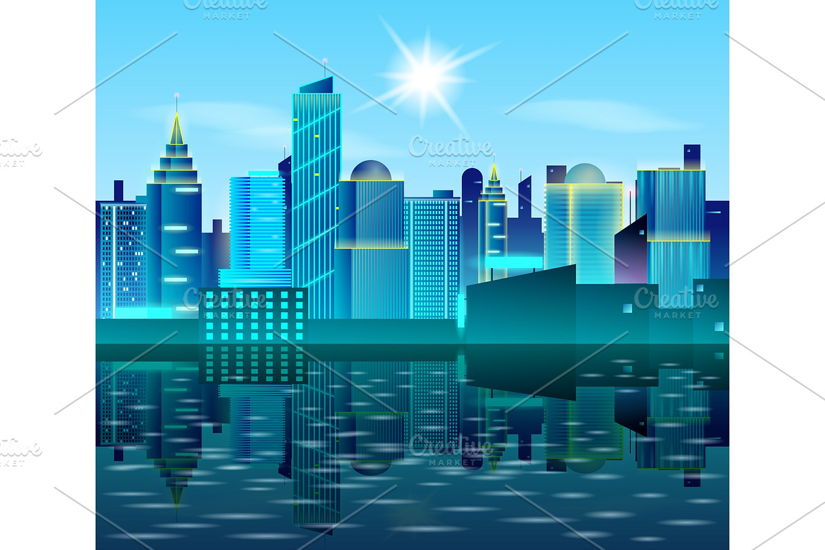 Big city landscape with reflection on water. Sunny day in metropolis. Real Estate design concept. in Illustrations - product preview 8