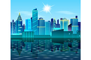 Big city landscape with reflection on water. Sunny day in metropolis. Real Estate design concept.