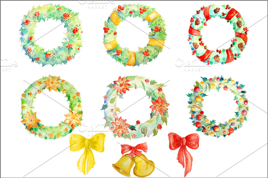 Watercolor Christmas Wreaths in Illustrations - product preview 8