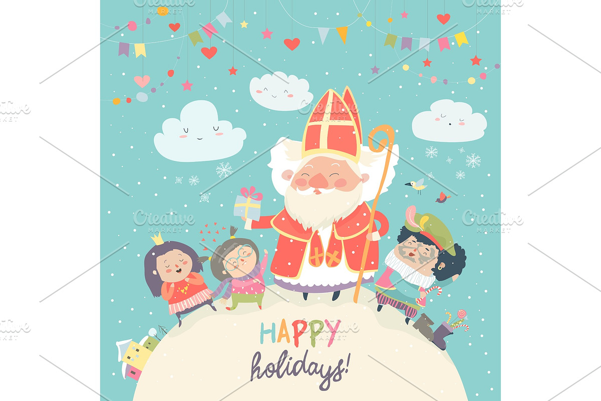 Saint Nicholas with Piet and happy kids in Illustrations - product preview 8