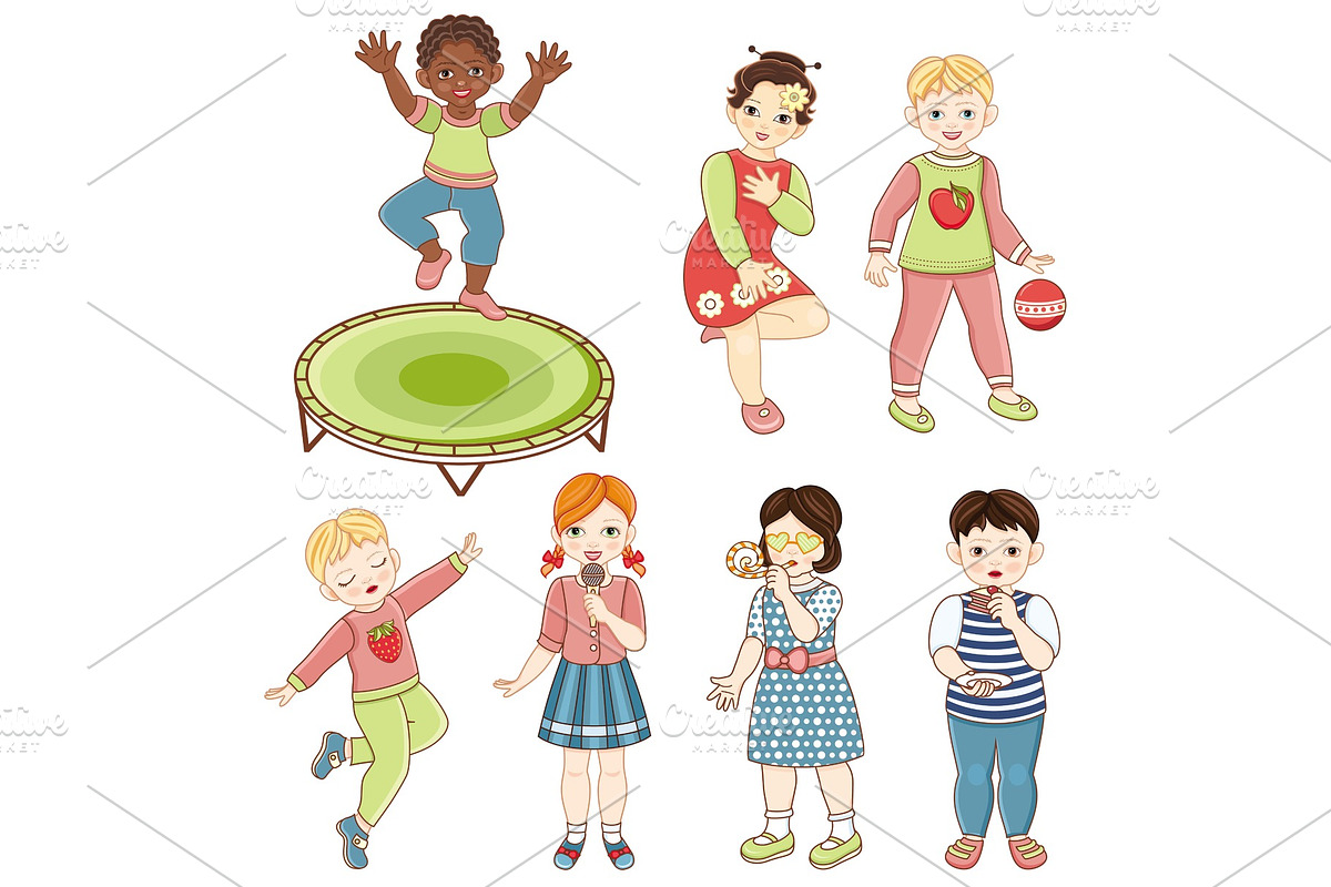 Kids, boys and girls sing, dance, eat cake, jump in Illustrations - product preview 8