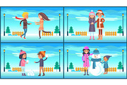 Winter Park and People Set Vector Illustration